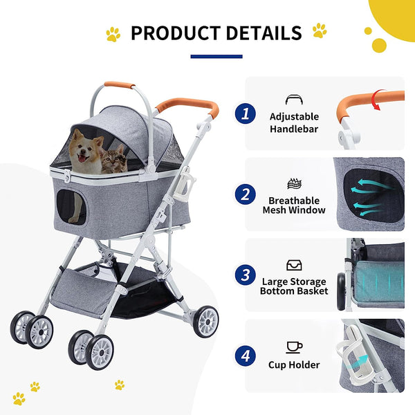 Folding Pet Stroller Grey, 3 In 1 Multifunction Pet Storage Basket Dog Stroller, Lightweight Dog Carrier with Adjustable Cover