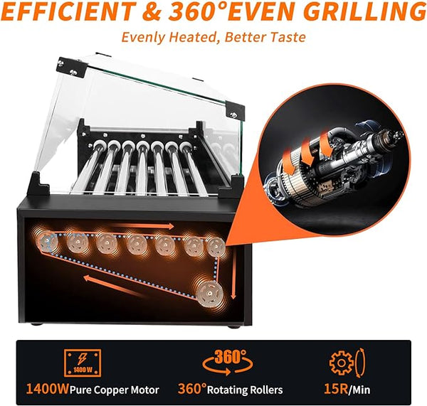 1400W Hot Dog Roller, 11 Rollers Large Capacity Hot Dog Machine, Dual Temp Control Stainless Hotdog Roller Grill with Glass Guard, LED Warm Light for Commercial, Party, BBQ
