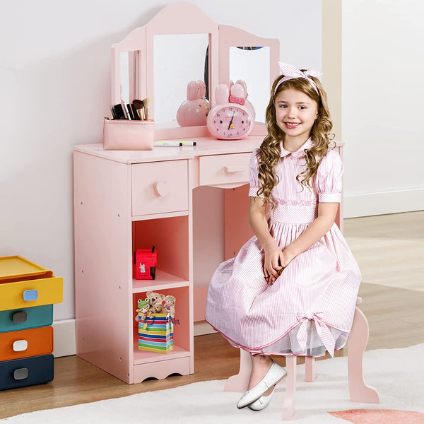 Kids Vanity, Girls Vanity Set with Mirror and Stool, Kids Vanity Set with Mirror Age 4-9, Toddler Vanity (Pink)