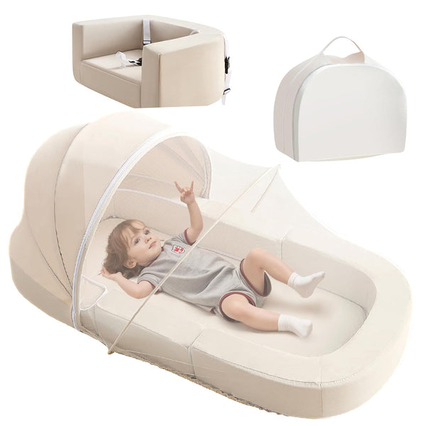 Linor 4-in-1 Convertible Toddler Travel Bed, Portable Floor Bed, Kids Sofa, Feeding Chair & Baby Lounger, Foldable w/ Carry Bag & Removable Mesh Canopy, Indoor/Outdoor, Washable Cover