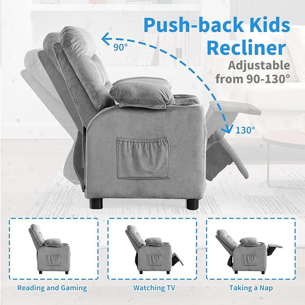 Kids Recliner, Toddlers Kids Recliner Chair with Cup Holder, Ergonomic Adjustable Velvet Lounge Chair with Footrest & Side Pockets, Toddlers Kids Baby Sofa for Boys and Girls Bedroom