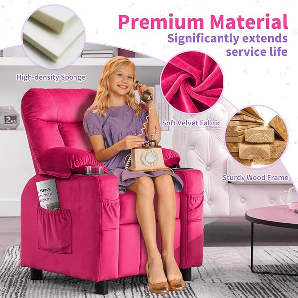 Kids Recliner, Toddlers Kids Recliner Chair with Cup Holder, Ergonomic Adjustable Velvet Lounge Chair with Footrest & Side Pockets, Toddlers Kids Baby Sofa for Boys and Girls Bedroom