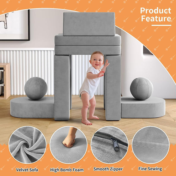 Kids Couch 9pcs, Kids Sofa with Spherical Module and Tunnel Elements, Flip out sofa