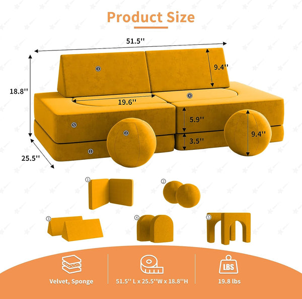 Kids Couch 9pcs, Kids Sofa with Spherical Module and Tunnel Elements, Flip out sofa