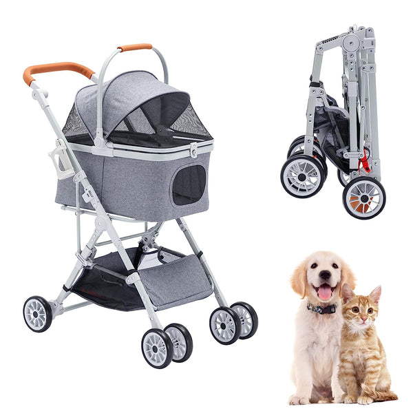 Folding Pet Stroller Grey, 3 In 1 Multifunction Pet Storage Basket Dog Stroller, Lightweight Dog Carrier with Adjustable Cover