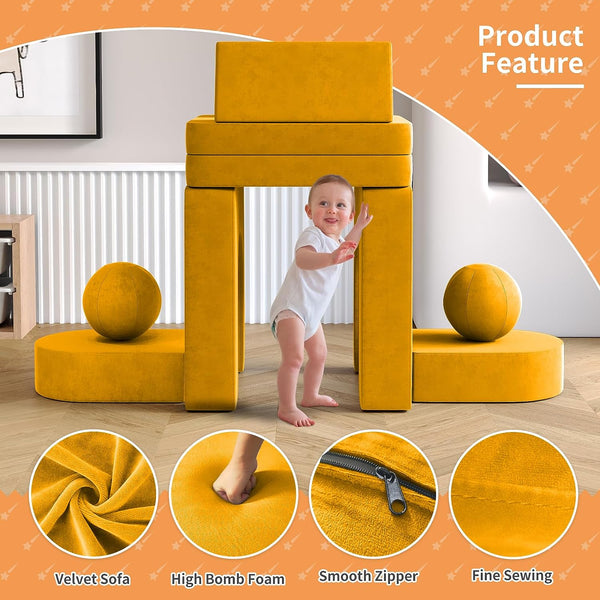 Kids Couch 9pcs, Kids Sofa with Spherical Module and Tunnel Elements, Flip out sofa