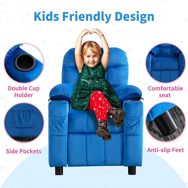 Kids Recliner, Toddlers Kids Recliner Chair with Cup Holder, Ergonomic Adjustable Velvet Lounge Chair with Footrest & Side Pockets, Toddlers Kids Baby Sofa for Boys and Girls Bedroom