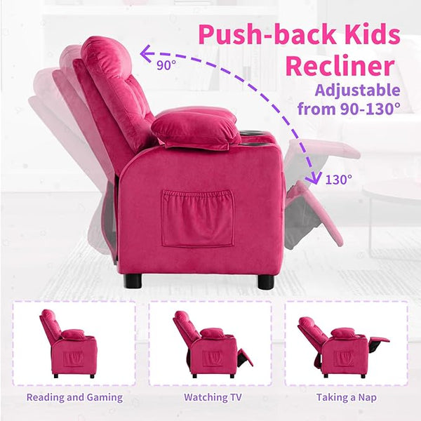 Kids Recliner, Toddlers Kids Recliner Chair with Cup Holder, Ergonomic Adjustable Velvet Lounge Chair with Footrest & Side Pockets, Toddlers Kids Baby Sofa for Boys and Girls Bedroom