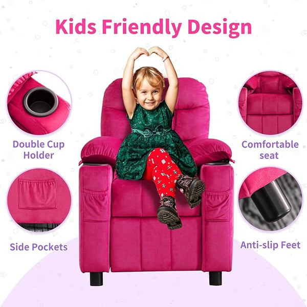Kids Recliner, Toddlers Kids Recliner Chair with Cup Holder, Ergonomic Adjustable Velvet Lounge Chair with Footrest & Side Pockets, Toddlers Kids Baby Sofa for Boys and Girls Bedroom