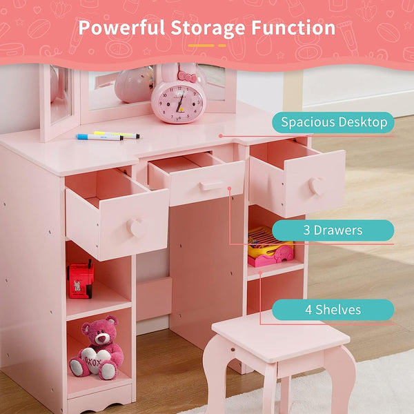 Kids Vanity, Girls Vanity Set with Mirror and Stool, Kids Vanity Set with Mirror Age 4-9, Toddler Vanity (Pink)