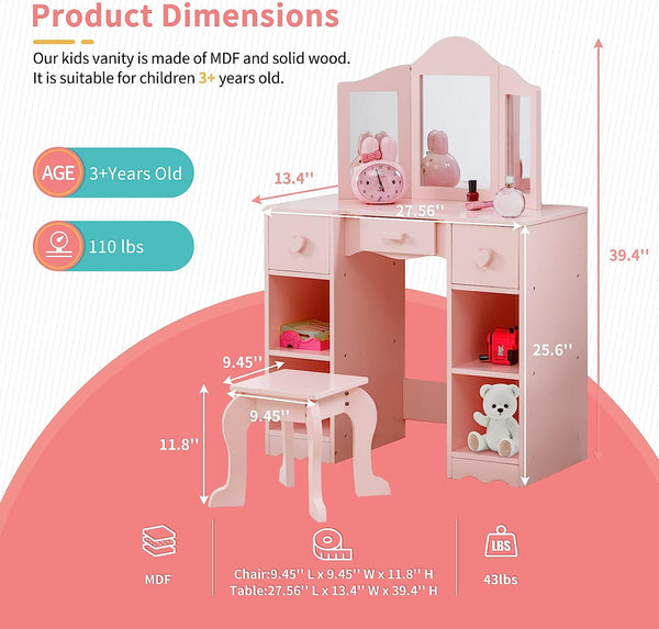 Kids Vanity, Girls Vanity Set with Mirror and Stool, Kids Vanity Set with Mirror Age 4-9, Toddler Vanity (Pink)