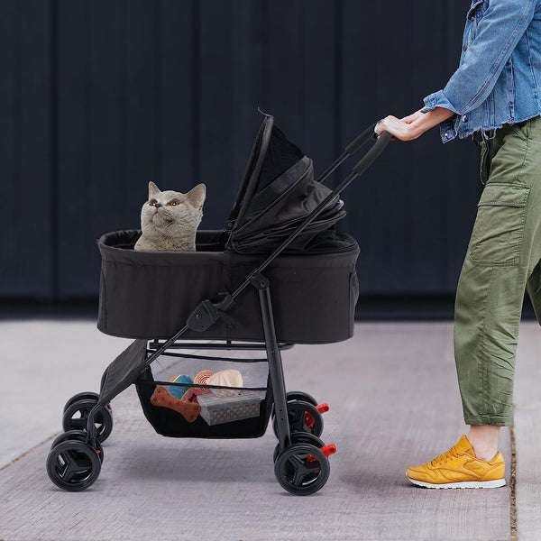 3 In 1 Folding Pet Stroller Black, Multifunction Pet Storage Basket Dog Stroller, Lightweight Dog Carrier with Adjustable Cover
