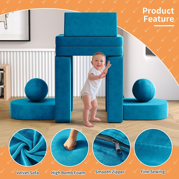Kids Couch 9pcs, Kids Sofa with Spherical Module and Tunnel Elements, Flip out sofa