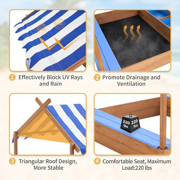 Sandbox with Roof, 49'' Kids Large Wooden Sand Box with Liner, Drawing Board, Sink, House Design, Sand Boxes for Backyard Garden Beach, Sand Pit for Beach Patio Outdoor