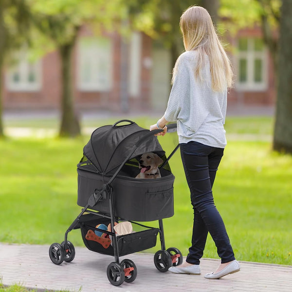3 In 1 Folding Pet Stroller Black, Multifunction Pet Storage Basket Dog Stroller, Lightweight Dog Carrier with Adjustable Cover