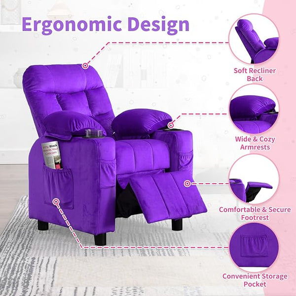 Kids Recliner, Toddlers Kids Recliner Chair with Cup Holder, Ergonomic Adjustable Velvet Lounge Chair with Footrest & Side Pockets, Toddlers Kids Baby Sofa for Boys and Girls Bedroom