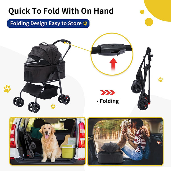 3 In 1 Folding Pet Stroller Black, Multifunction Pet Storage Basket Dog Stroller, Lightweight Dog Carrier with Adjustable Cover