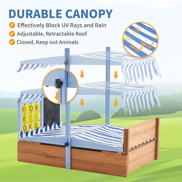 Sandbox with Canopy, 47.2'' Kids Large Wooden Sand Box with Tic-Tac-Toe, Liner, Drawing Board, Sink, Adjustable Roof, Sand Boxes for Backyard Garden, Sand Pit for Beach Patio Outdoor
