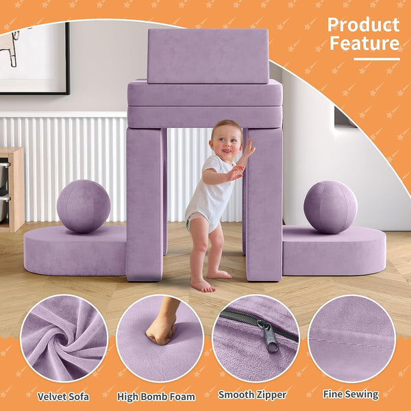 Kids Couch 9pcs, Kids Sofa with Spherical Module and Tunnel Elements, Flip out sofa