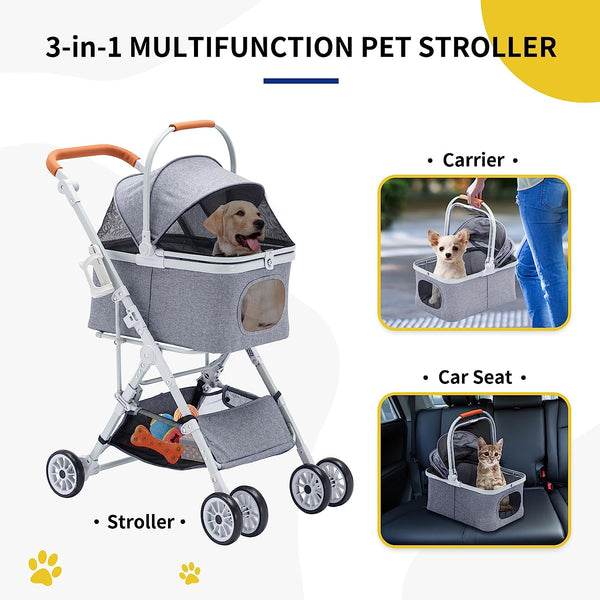 Folding Pet Stroller Grey, 3 In 1 Multifunction Pet Storage Basket Dog Stroller, Lightweight Dog Carrier with Adjustable Cover