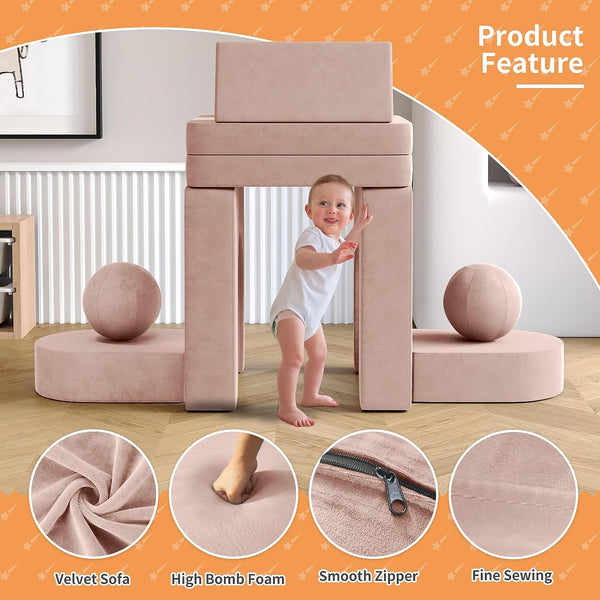 Kids Couch 9pcs, Kids Sofa with Spherical Module and Tunnel Elements, Flip out sofa