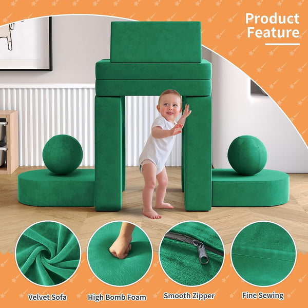 Kids Couch 9pcs, Kids Sofa with Spherical Module and Tunnel Elements, Flip out sofa