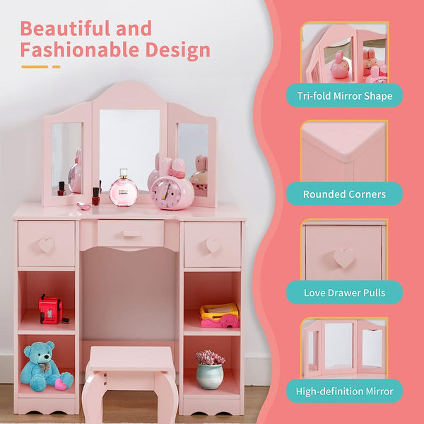 Kids Vanity, Girls Vanity Set with Mirror and Stool, Kids Vanity Set with Mirror Age 4-9, Toddler Vanity (Pink)