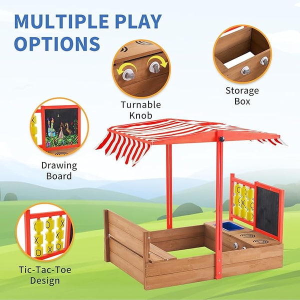 Sandbox with Canopy, 47.2'' Kids Large Wooden Sand Box with Tic-Tac-Toe, Liner, Drawing Board, Sink, Adjustable Roof, Sand Boxes for Backyard Garden, Sand Pit for Beach Patio Outdoor