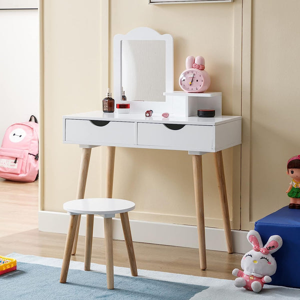 Kids Vanity Set, Girls Vanity Set with Mirror and Stool, Girls Wooden Dressing Table White