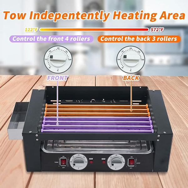 1400W Hot Dog Roller, 11 Rollers Large Capacity Hot Dog Machine, Dual Temp Control Stainless Hotdog Roller Grill with Glass Guard, LED Warm Light for Commercial, Party, BBQ