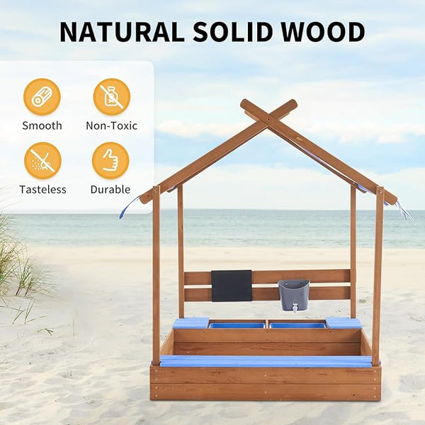 Sandbox with Roof, 49'' Kids Large Wooden Sand Box with Liner, Drawing Board, Sink, House Design, Sand Boxes for Backyard Garden Beach, Sand Pit for Beach Patio Outdoor