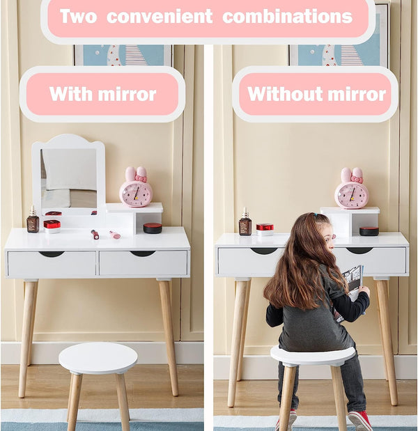 Kids Vanity Set, Girls Vanity Set with Mirror and Stool, Girls Wooden Dressing Table White