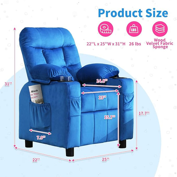 Kids Recliner, Toddlers Kids Recliner Chair with Cup Holder, Ergonomic Adjustable Velvet Lounge Chair with Footrest & Side Pockets, Toddlers Kids Baby Sofa for Boys and Girls Bedroom