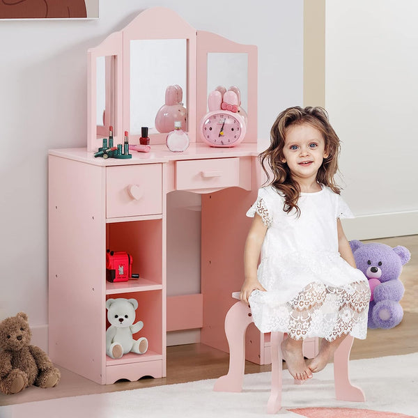 Kids Vanity, Girls Vanity Set with Mirror and Stool, Kids Vanity Set with Mirror Age 4-9, Toddler Vanity (Pink)