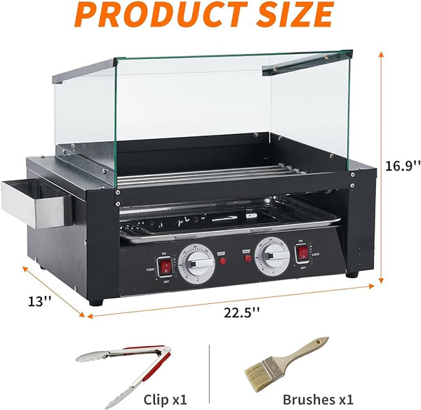 1400W Hot Dog Roller, 11 Rollers Large Capacity Hot Dog Machine, Dual Temp Control Stainless Hotdog Roller Grill with Glass Guard, LED Warm Light for Commercial, Party, BBQ