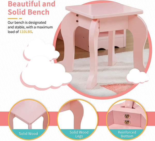 Kids Vanity, Girls Vanity Set with Mirror and Stool, Kids Vanity Set with Mirror Age 4-9, Toddler Vanity (Pink)