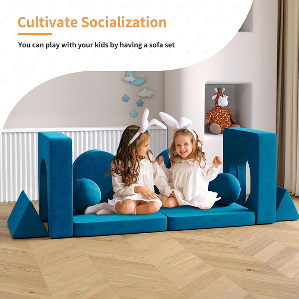 Kids Couch 9pcs, Kids Sofa with Spherical Module and Tunnel Elements, Flip out sofa
