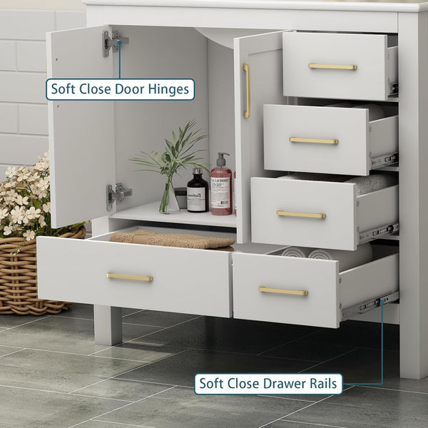 36" Bathroom Vanity with Sink and Faucet, Ceramic Countertop, Ceramic Sink, Mirror, Pop up Drain, Drain Pipe, 9/16'' Hot and Cold Pipes, Soft-Close Doors, and 5 Drawers