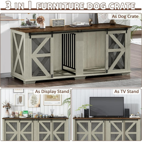 Akaber 71 Inch Double Dog Crate for 2 Dogs，Farmhouse Furniture Style Indoor Heavy Duty Steel Frame Kennel with Sliding Doors & Adjustable Divider, Light Oak