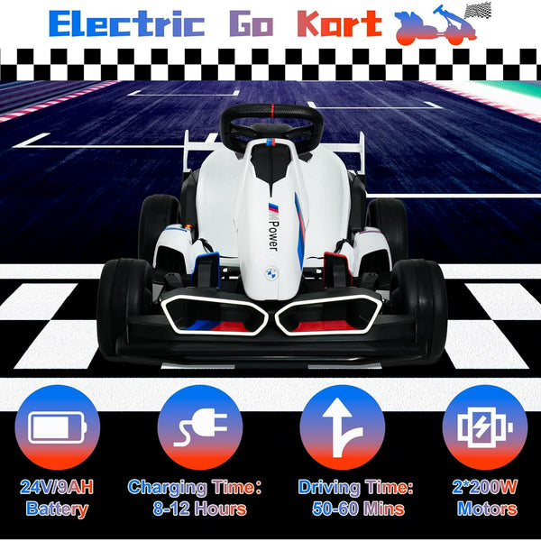 Akaber Electric Go Kart with Adjustable Seat, 24V 9AH Drift Kart with 400W Motors, Crazy Go Cart for Kids Ages 6-12, Licensed BMW, LED Lights, Drift Mode and 2 Speed (White)