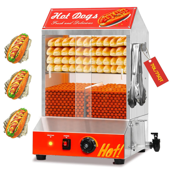 75QT Hot Dog Steamer Warmer, Akaber 2-Tier Commercial Stainless Steel 350 Hot Dogs & 80 Buns Capacity, 1400W Electric Bun Steamer with Temperature Control (32℉-185℉), Sliding Door