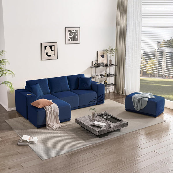 Akaber 101" Modular Sectional Sofa with L-Shape Chaise, 3-Seater Comfy Cloud Couch with Movable Ottoman, Deep Seat Couches for Living Room with Throw Pillows, Lake Blue