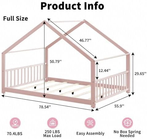 Pink Full Size Wood Floor Bed, Twin Size Low House Playhouse Bed with Headboard and Footboard, Toddler Floor Bed Frame for Boys, Girls, Easy Assembly, No Box Spring Needed