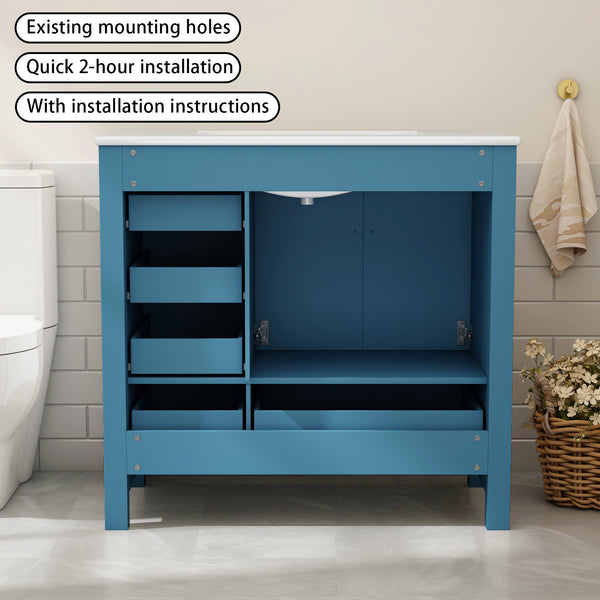 Complete 36" Bathroom Vanity Set with Sink, Faucet, and Storage - Ceramic Countertop, Soft-Close Doors, and Mirror Included, 36 "x18.3 x33