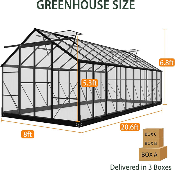Polycarbonate Greenhouses, 8x20 FT Green Houses for Outside with 4 Adjustable Roof Vents, Walk-in Aluminum Frame Greenhouse with Sliding Doors for Backyard Garden