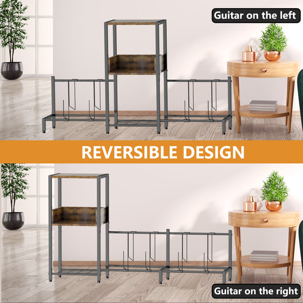 Guitar Stand for 4 Electric or Bass Guitars, Guitar Rack With 3-tier Storage Shelf (Antique Wood)