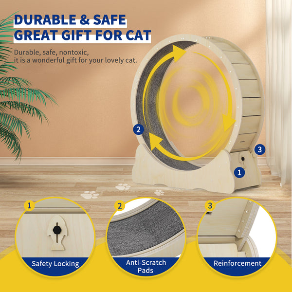 35.4'' Cat Exercise Wheel , with 2 Anti-Scratch Pads, Solid Wood Cat Wheel Exerciser for Indoor Cats for Walking, Running, Training