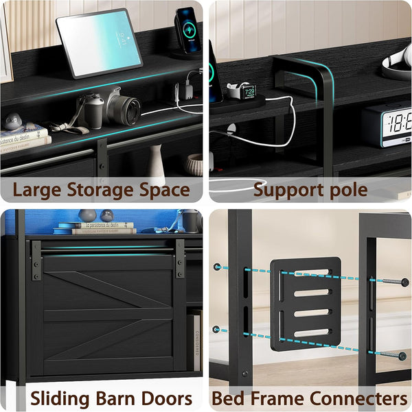 King Size Headboard with Storage, 3-Tier King Headboard with Outlets, USB Ports and LED Light, Storage King Size Headboard Only with Sliding Barn Doors, Width Adjustable