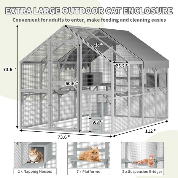 Akaber 112'' Catio Outdoor Cat Enclosure Super Large Wooden Catios for Cats Patio with Waterproof UV Protection Canopy, Outside Cat Run Enclosure Condon with Platforms, Small Houses, Bridges