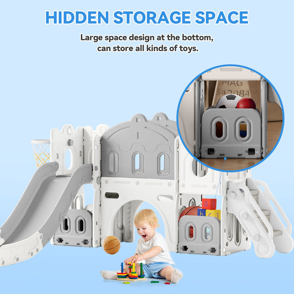 Linor 7-in-1 Toddler Complete Indoor Playset/Playground with Slide, Climber, Basketball Hoop, Tunnel Crawl, and Storage